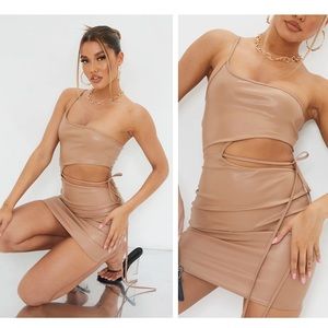 Taupe PU One Shoulder Waist Tie Detail Bodycon